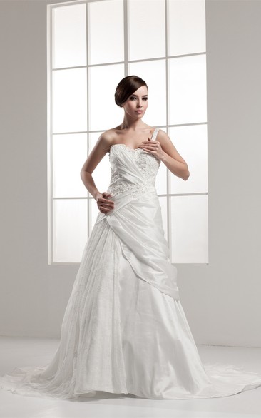 Sleeveless A-Line Lace Single Strap and Gown With Draping