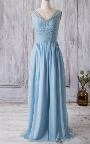 V Neck A-line Pleated Chiffon Floor Length Dress With Bandage