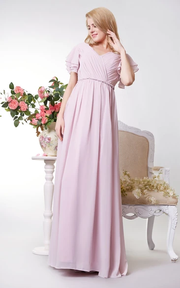 Graceful V-neck Empire Chiffon A-line Gown With Ruffled Sleeves