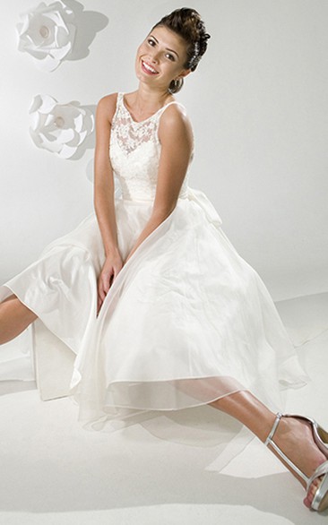 A-Line Sleeveless Tea-Length Scoop-Neck Satin Wedding Dress With Illusion