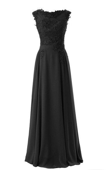 Cap-sleeved Long Chiffon Gown With Lace Bodice