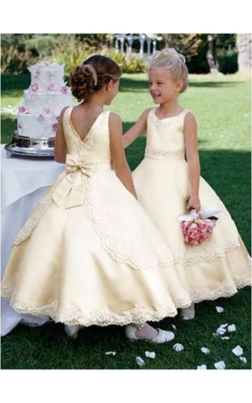 Ball Gown Scoop Sleeveless Bowknot Ankle-length Satin Flower Girl Dresses