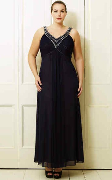 Ankle-Length Sleeveless Ruched V-Neck Chiffon Plus Size Prom Dress With Beading