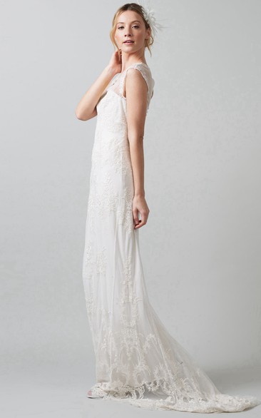 Sheath V-Neck Sleeveless Floor-Length Lace&Tulle Wedding Dress With Appliques And Illusion