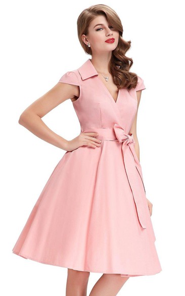 Knee-Length V-neck Cap Sleeved A-line Satin Dress