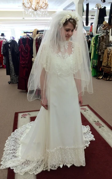 Satin A-Line Dress With Lace Hemline and Lace Cape