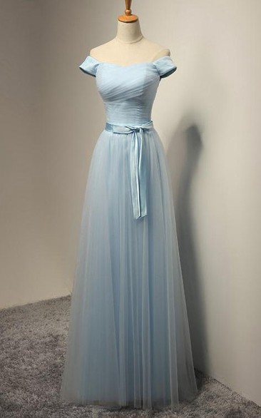 A-line Off-the-shoulder Floor-length Pleats Tulle Dress