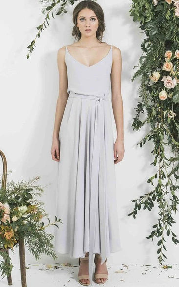 Ankle-Length Sleeveless Spaghetti Pleated Chiffon Bridesmaid Dress