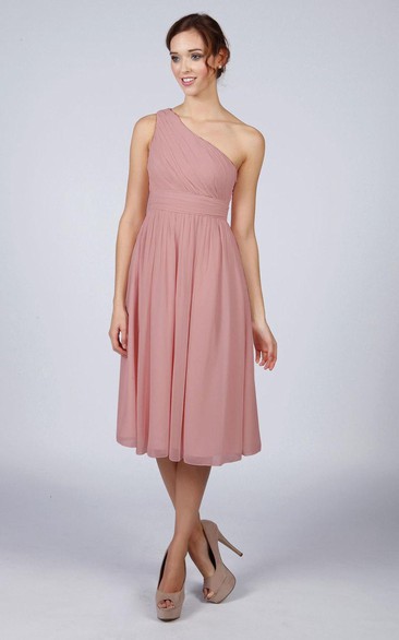 One Shoulder Pleated A-line Chiffon Tea Length Dress Dusky Pink