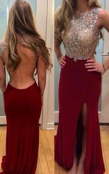 Sexy Front Split Mermaid Evening Dress Beadings Sequins Sweep Train
