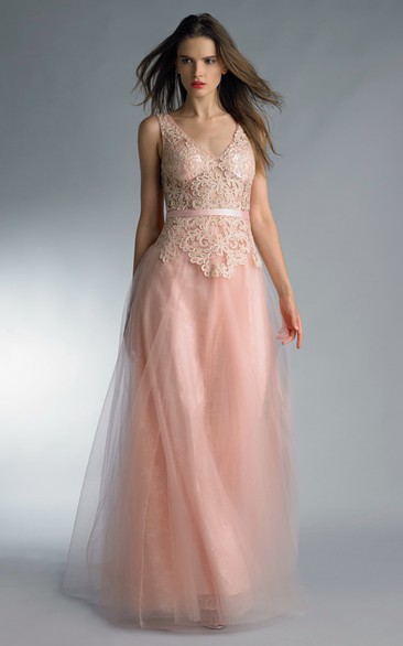 A-line Floor-length V-neck Sleeveless Tulle Low-V Back Dress