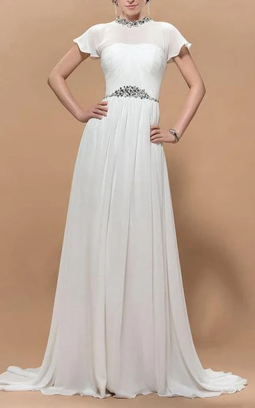 A Line Jewel Neck Crystal Short Sleeves Floor Length Court Train Evening Dress