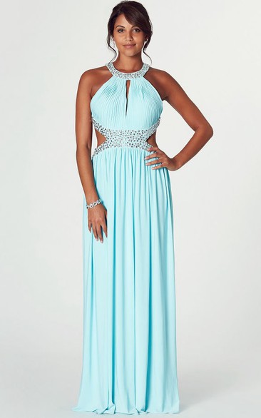 Maxi Sleeveless Scoop Neck Ruched Chiffon Prom Dress