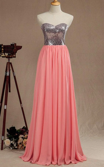 Long Sweetheart Chiffon&Satin Dress With Sequins