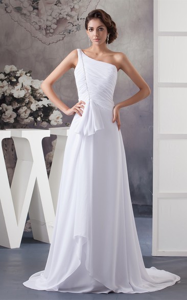 One-Shoulder Ruched Chiffon Sweep Train and Dress With Bow