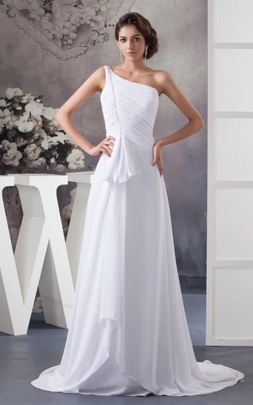 One-Shoulder Ruched Chiffon Sweep Train and Dress With Bow