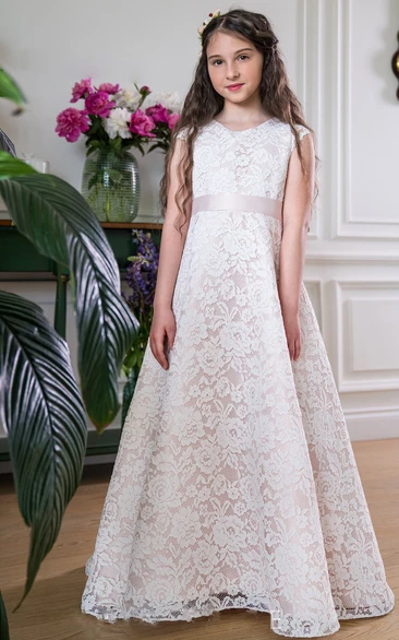 Elegant Bateau A Line Lace Floor-length Short Sleeve Flowergirl Dress with Bow