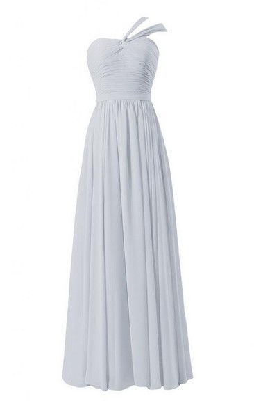 One-shoulder Long Chiffon Gown With Ruched Bodice