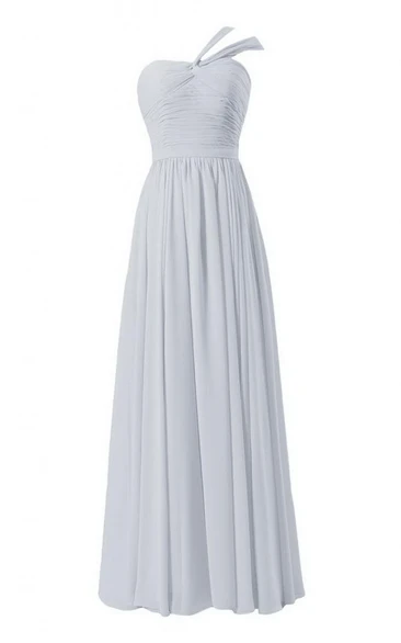 One-shoulder Long Chiffon Gown With Ruched Bodice