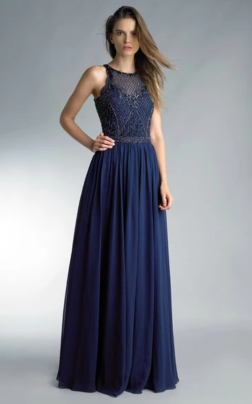 A-line Floor-length Jewel Sleeveless Chiffon Illusion Dress