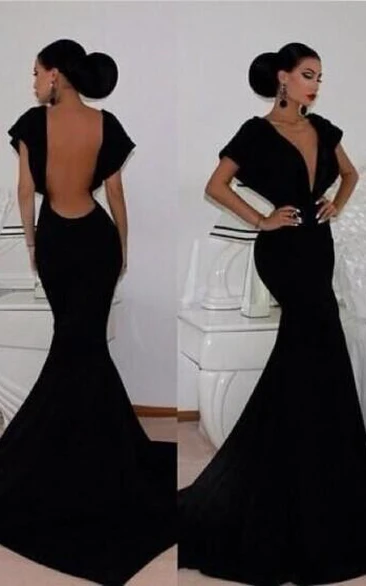 Sexy V-neck Black Mermaid Prom Dress Open Back