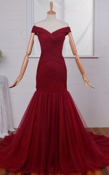 Glamorous Off-the-Shoulder Mermaid Evening Dresses Tulle Burgundy