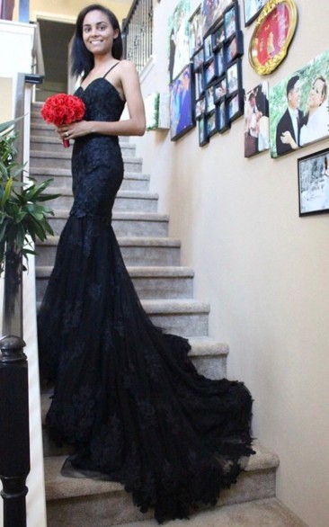 Mermaid/Trumpet  Black Wedding Dress Straps Sleeveless Open Back Zipper Appliques Lace