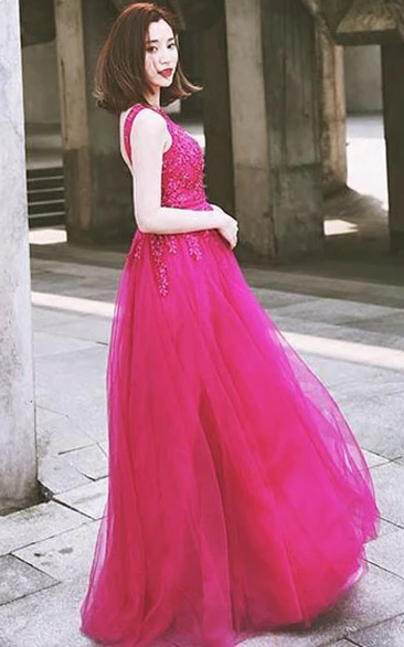 Bateau Neck Appliques Beading Backless Prom Dress