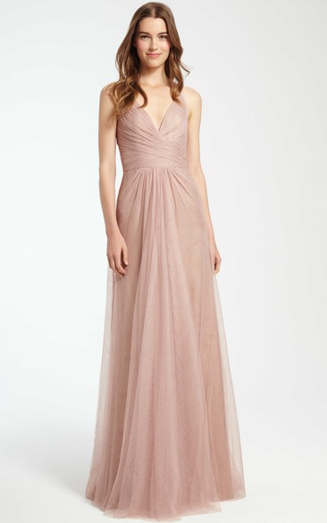 Sleeveless V-Neck Maxi Tulle Bridesmaid Dress With Criss Cross