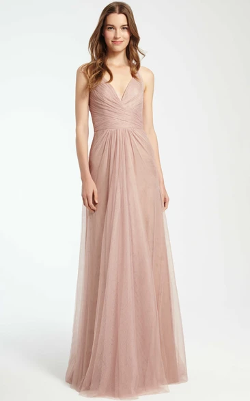 Sleeveless V-Neck Maxi Tulle Bridesmaid Dress With Criss Cross