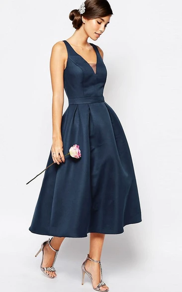 A-Line V-Neck Tea-Length Sleeveless Satin Bridesmaid Dress