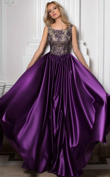 A-Line Floor-Length Scoop Sleeveless Satin Beading Pleats Low-V Back Dress