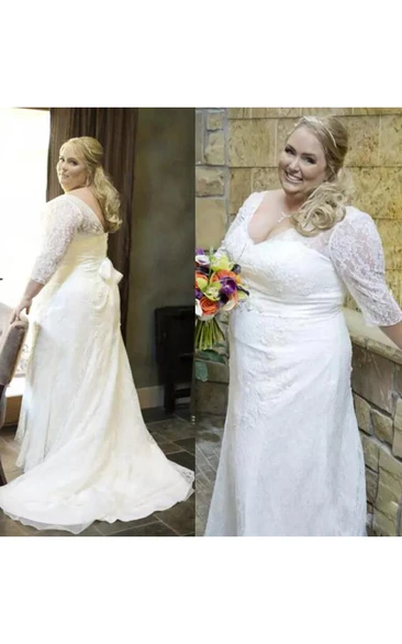 Elegant V Neck 3-4 Long Sleeves Lace Up Back Sash Plus Size Lace Wedding Dress