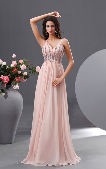 Sweet V-Neck Empire A-Line Chiffon Gown Spaghetti Straps Shiny Bodice