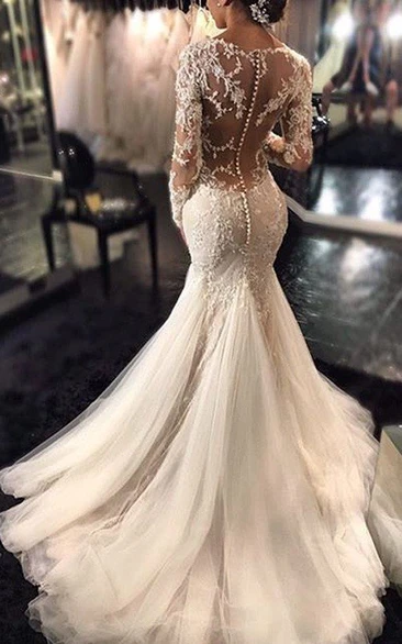 Mermaid V-neck Long Sleeves Lace Court Train Tulle Wedding Dresses