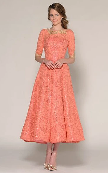 A-Line Tea-Length Half Sleeve Jewel Neck Beaded Lace Prom Dress