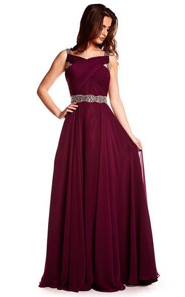 Maxi Beaded Sleeveless Strapped Chiffon Prom Dress