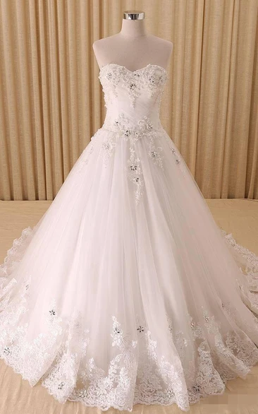 A-Line Sweetheart Bell Pleats Beading Appliques Court Train Zipper Lace-Up Back Chiffon Tulle Lace Sequins Organza Satin Taffeta Dress