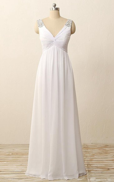 Floor-Length V-Neck Pleats Beading Zipper Chiffon Dress