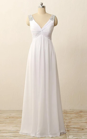 Floor-Length V-Neck Pleats Beading Zipper Chiffon Dress