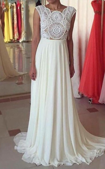 Newest Pearls Chiffon A-line Prom Dress Cap Sleeve Sweep Train