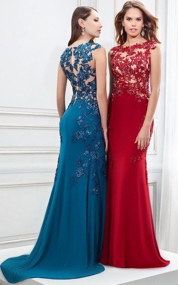 Cap Sleeve Appliqued Bateau Neck Jersey Prom Dress