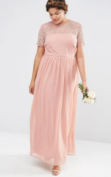 Ankle-Length Beaded Short Sleeve Scoop Neck Chiffon Bridesmaid Dress