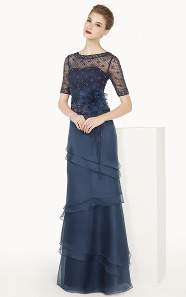 Short Sleeve Layered Chiffon Long Dress With Flower Sash And Beading-net Top