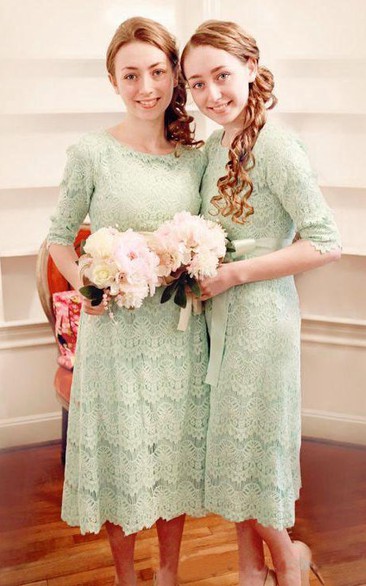 A-line Tea-length Half Sleeve Zipper Lace Dress