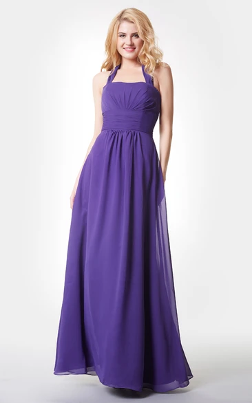 Stylish Backless Ruched A-line Long Chiffon Dress