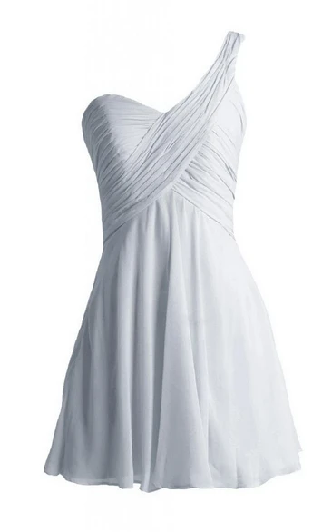 One-shoulder Short Chiffon Dress With Crisscross Ruching