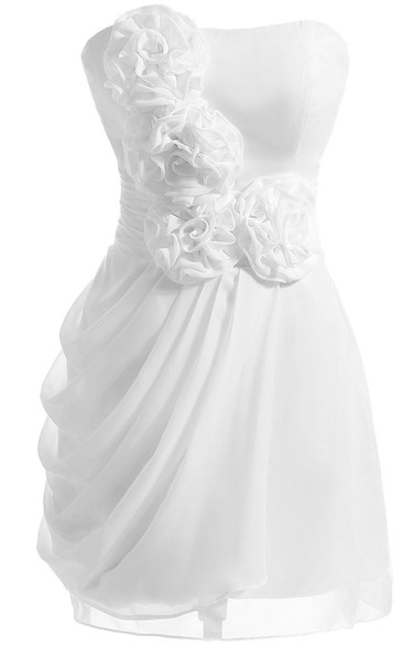 Strapless Floral Appliqued Short Ruffled Chiffon Dress