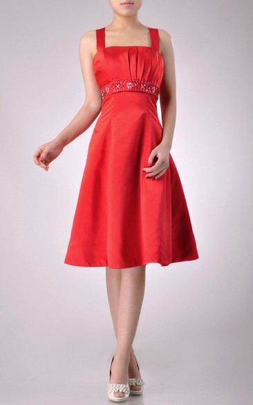 Knee-length Square Empire Satin Bridesmaid Dress With Beaded Belt