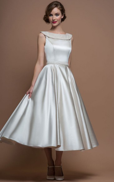 A-Line Scoop-Neck Tea-Length Satin Wedding Dress With Beading And V Back